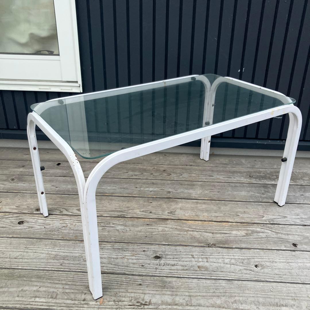 ミッドセンチュリー アイアンフレーム センターテーブル ガラステーブル 白古家具