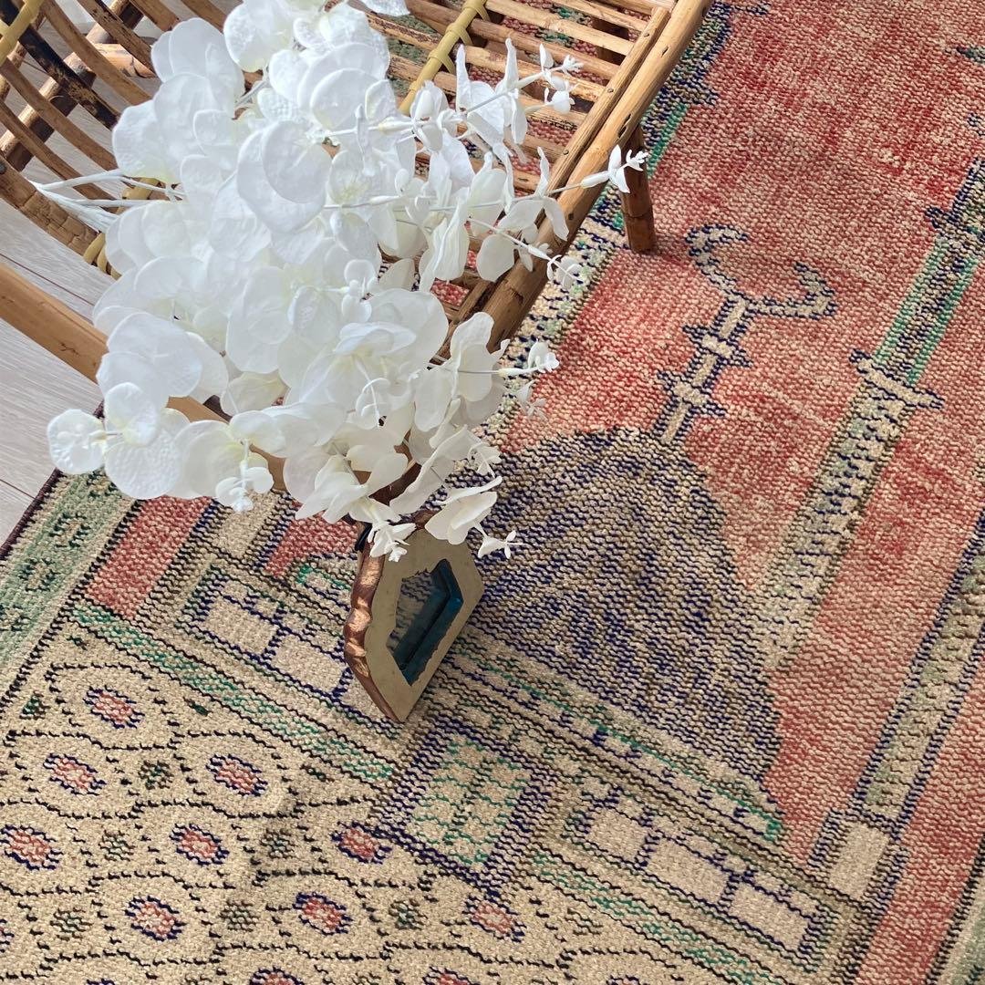 レッド✳︎グリーン　アート塔　パープル　リバーシブル　トルコヴィンテージラグ