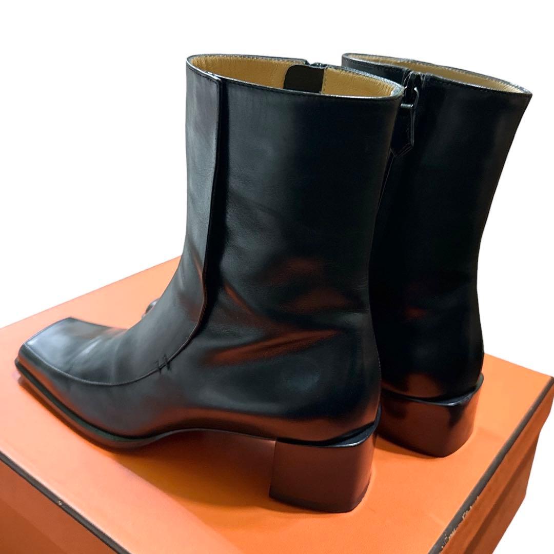 エルメス　黒 レザー スクエアトゥ ロングブーツ　36.5