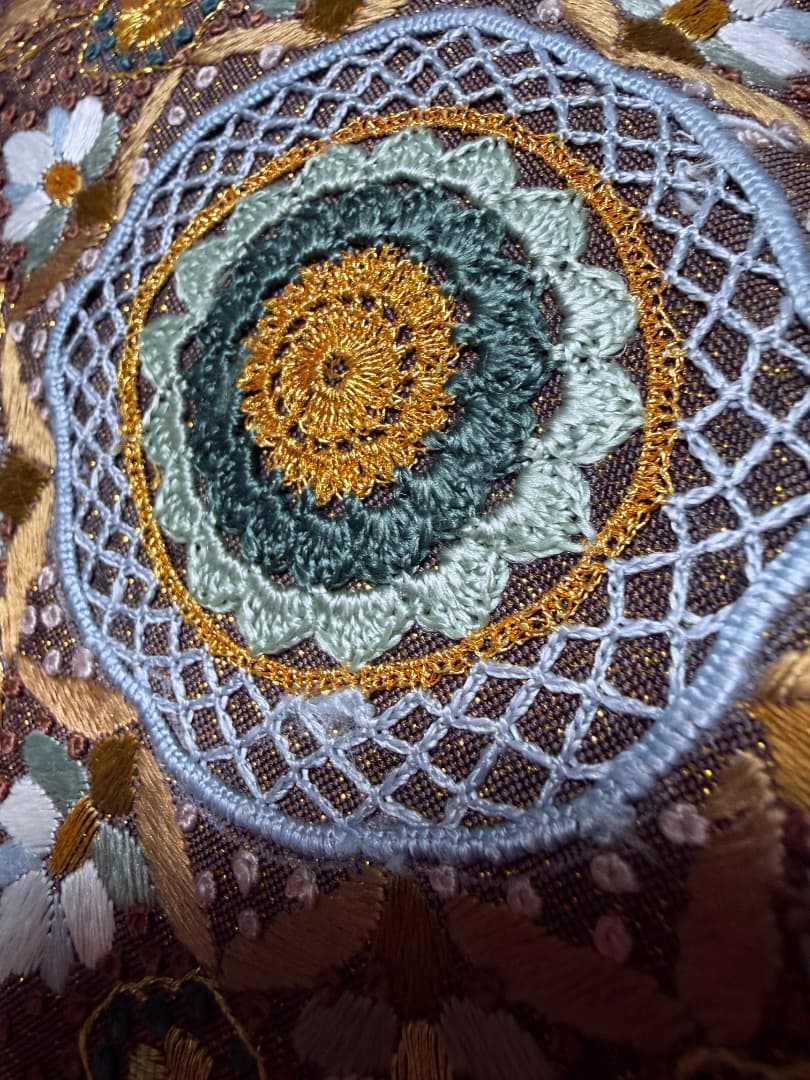 高級 袋帯 正絹 六通柄 汕頭刺繍 蘇州刺繍 相良刺繍 金通し ブラウン