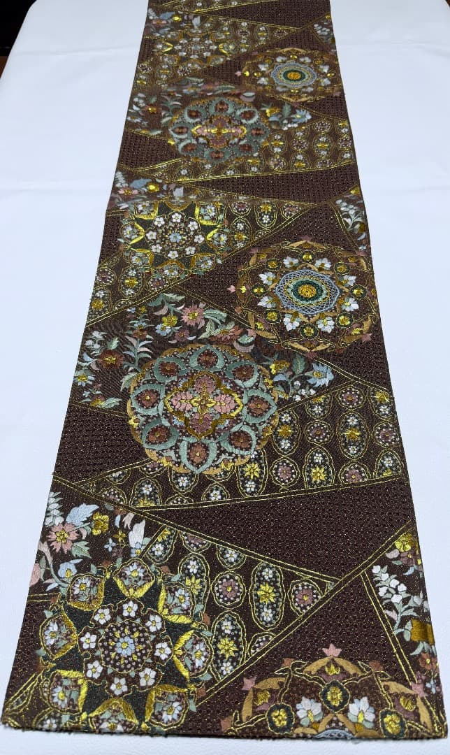 高級 袋帯 正絹 六通柄 汕頭刺繍 蘇州刺繍 相良刺繍 金通し ブラウン