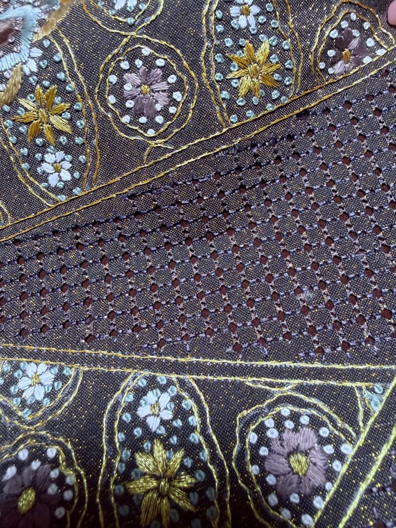 高級 袋帯 正絹 六通柄 汕頭刺繍 蘇州刺繍 相良刺繍 金通し ブラウン