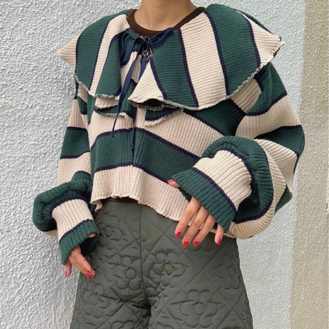 も*も様 POPPY ボーダーニットカーディガン グリーン あさぎーにょ