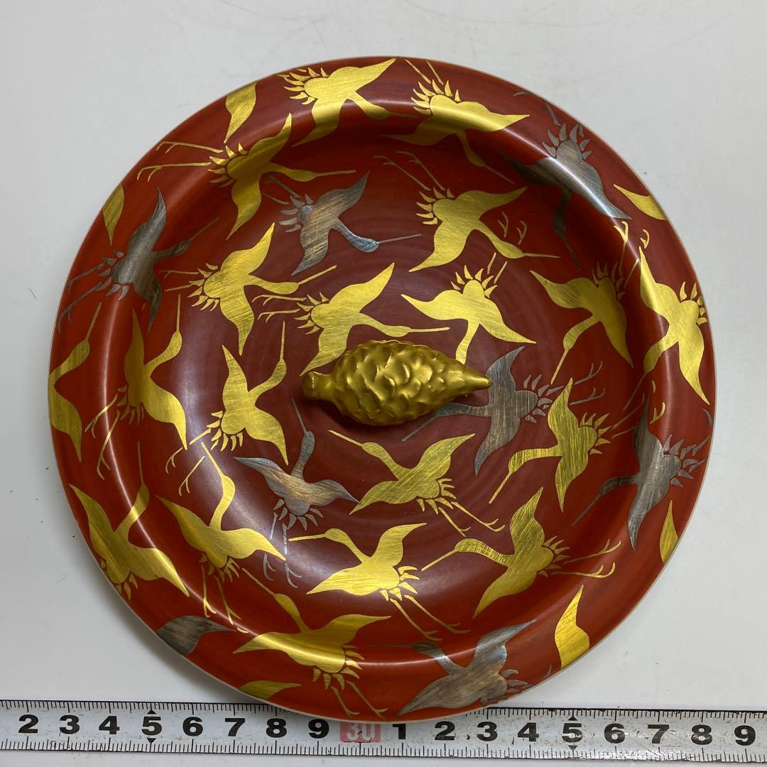 手塚祥堂（手塚央） 紅地千羽鶴文 水指 共箱 東キ7-1214①