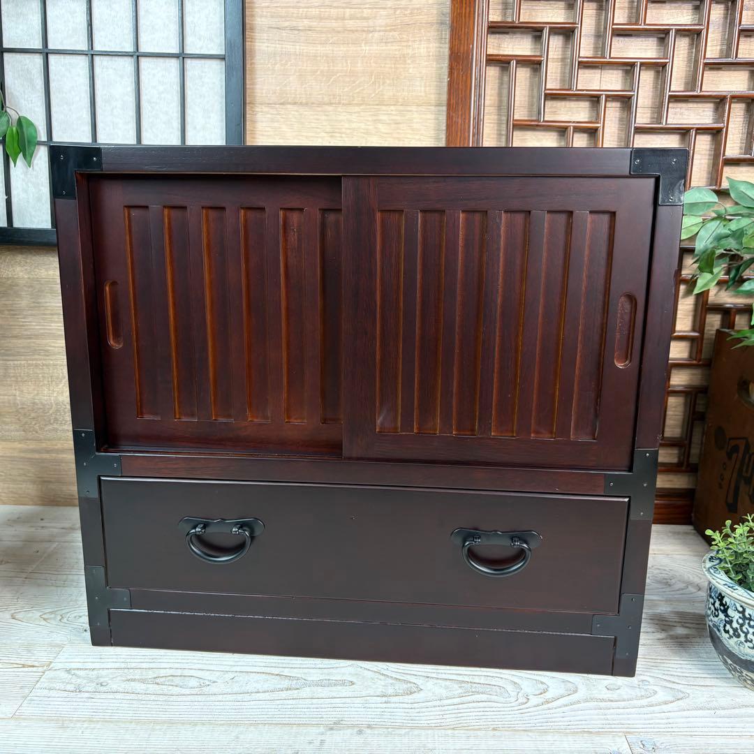 訳あり品！【135】民芸家具木製桐材無垢引き戸チェストタンス木製収納家具和室和風