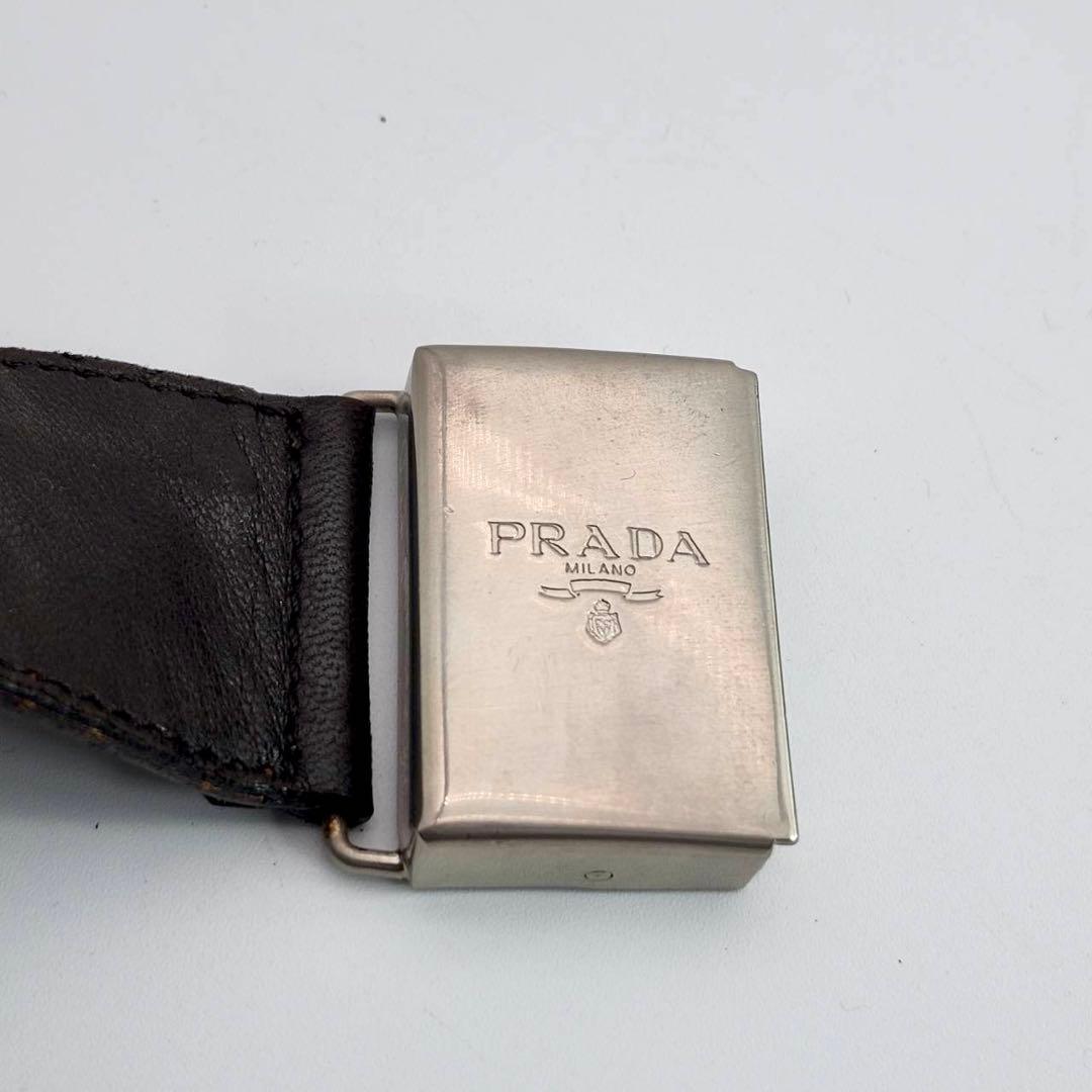 プラダ ベルト ロゴバックル シルバー金具 レザー ブラウン　スクエア