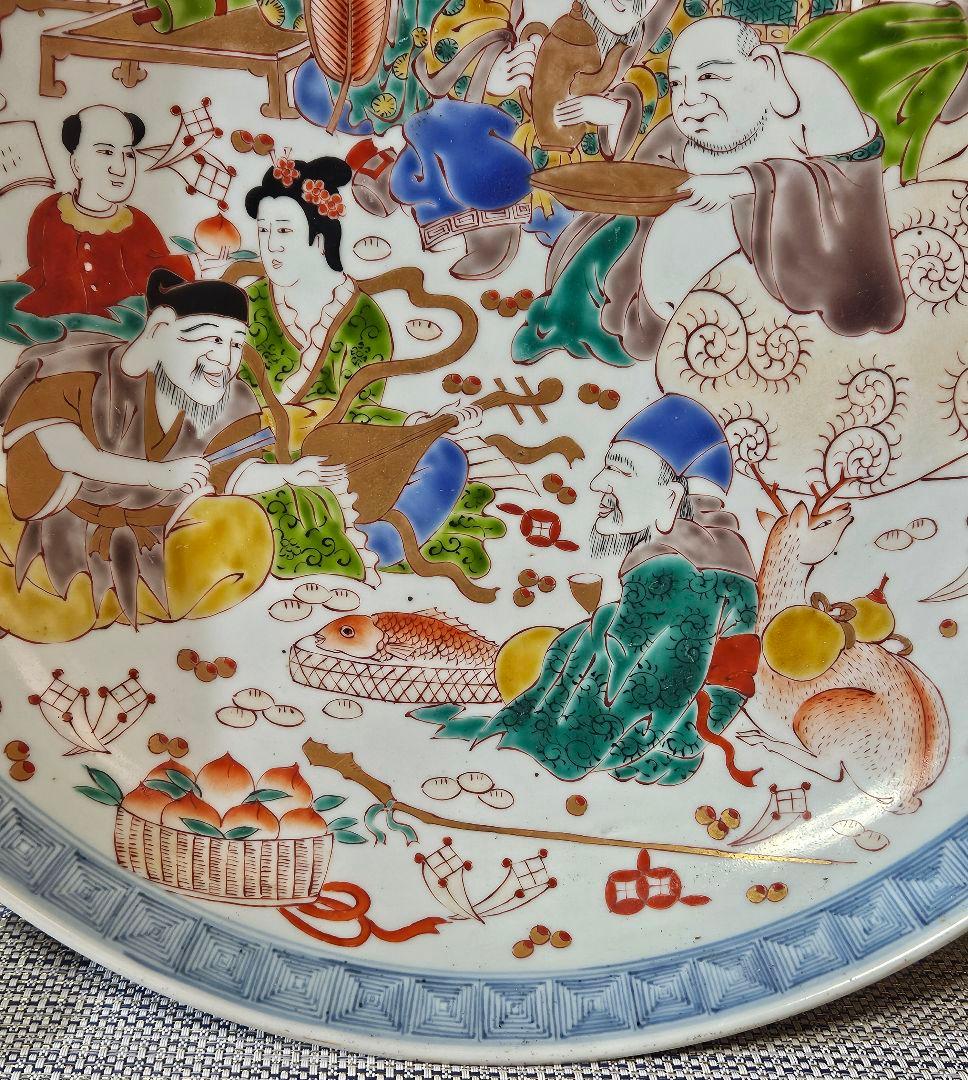 【珍品図変わり❗️】明治時代　古伊万里　錦手　金彩色絵　七福神図　唐草文様　大皿