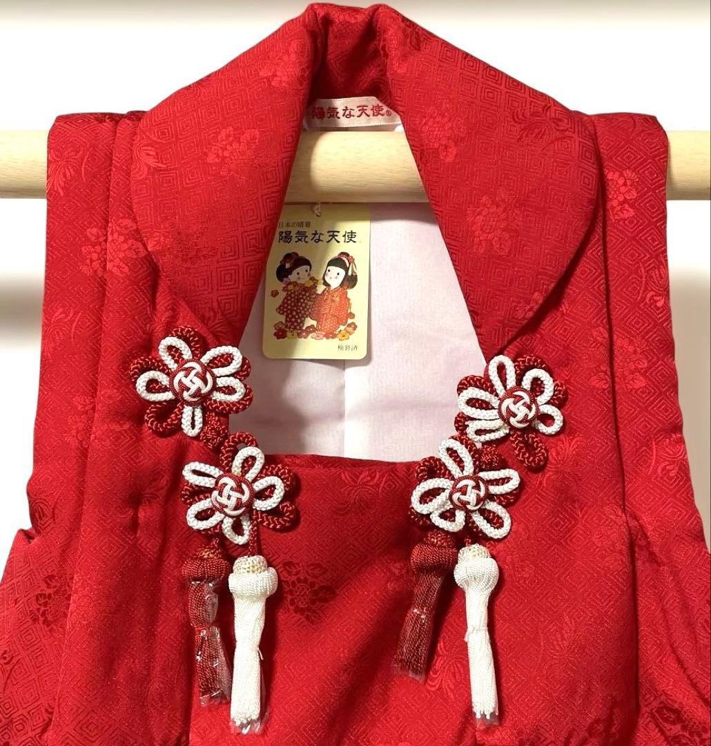 □七五三　正絹女児用被布コート　菱文様　可愛い花柄　赤