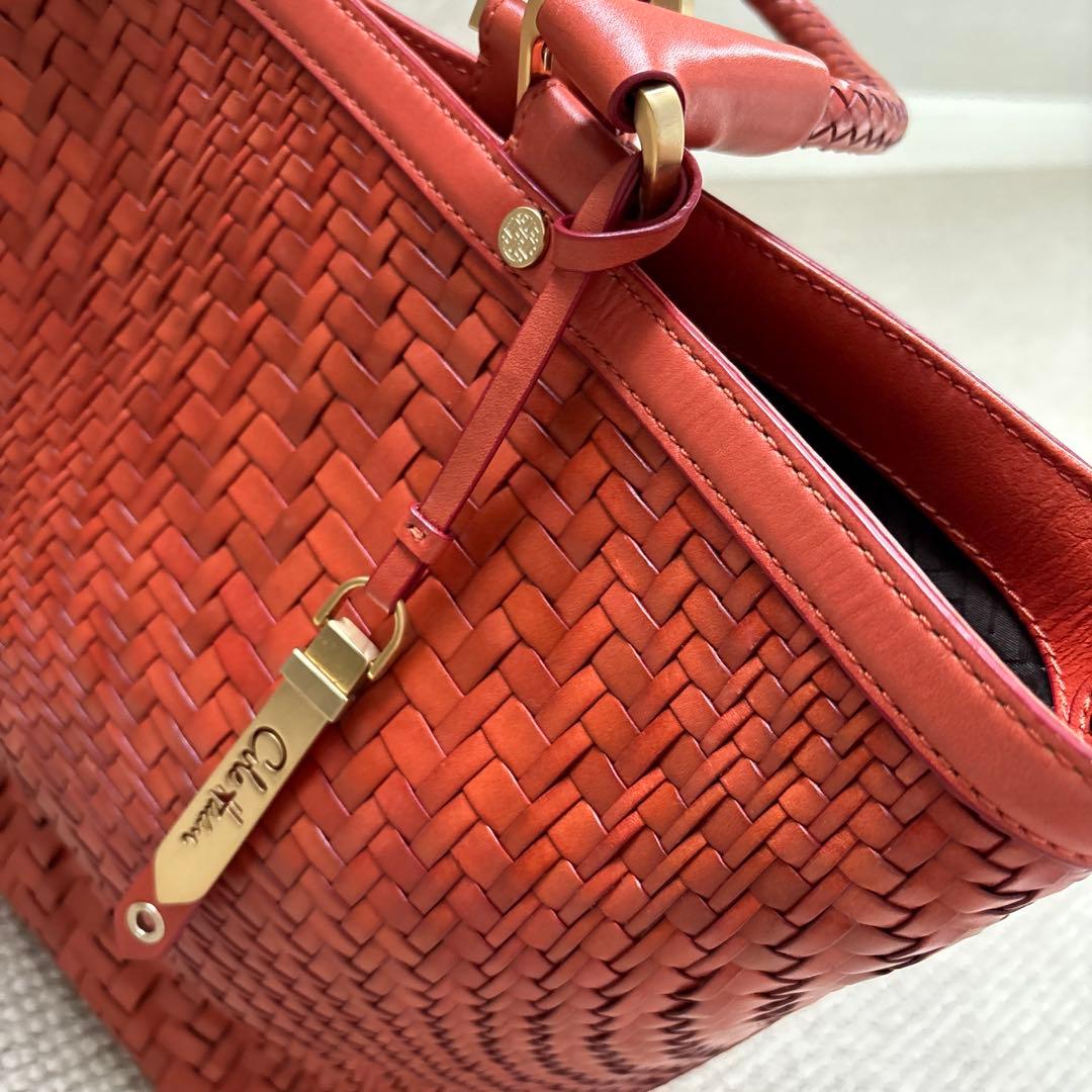 コールハンカゴ編みレザー トートバッグ オレンジ色