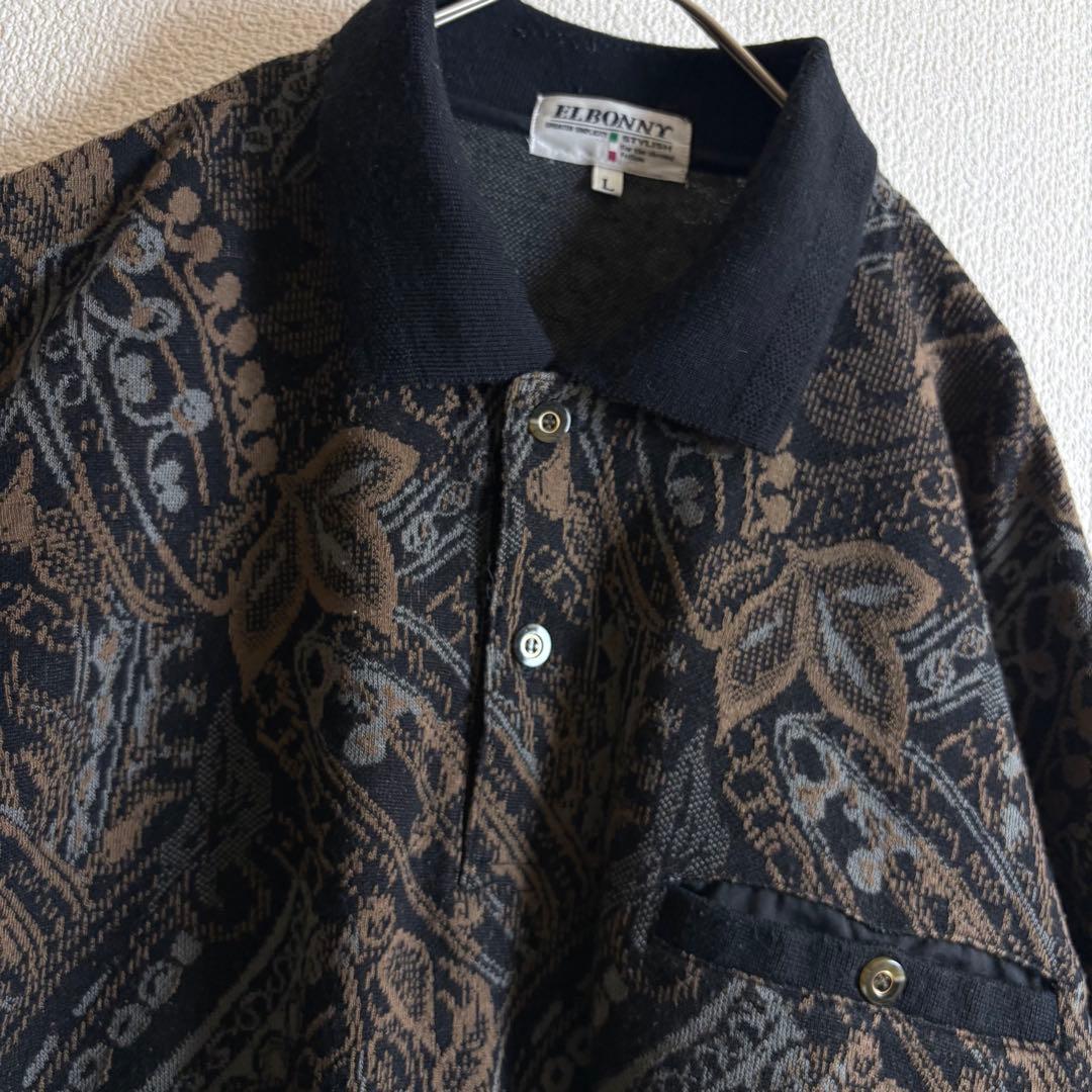 ポロニット　幾何学模様　ボタニカル　総柄　ハーフボタン　襟袖裾切替　レトロ　古着