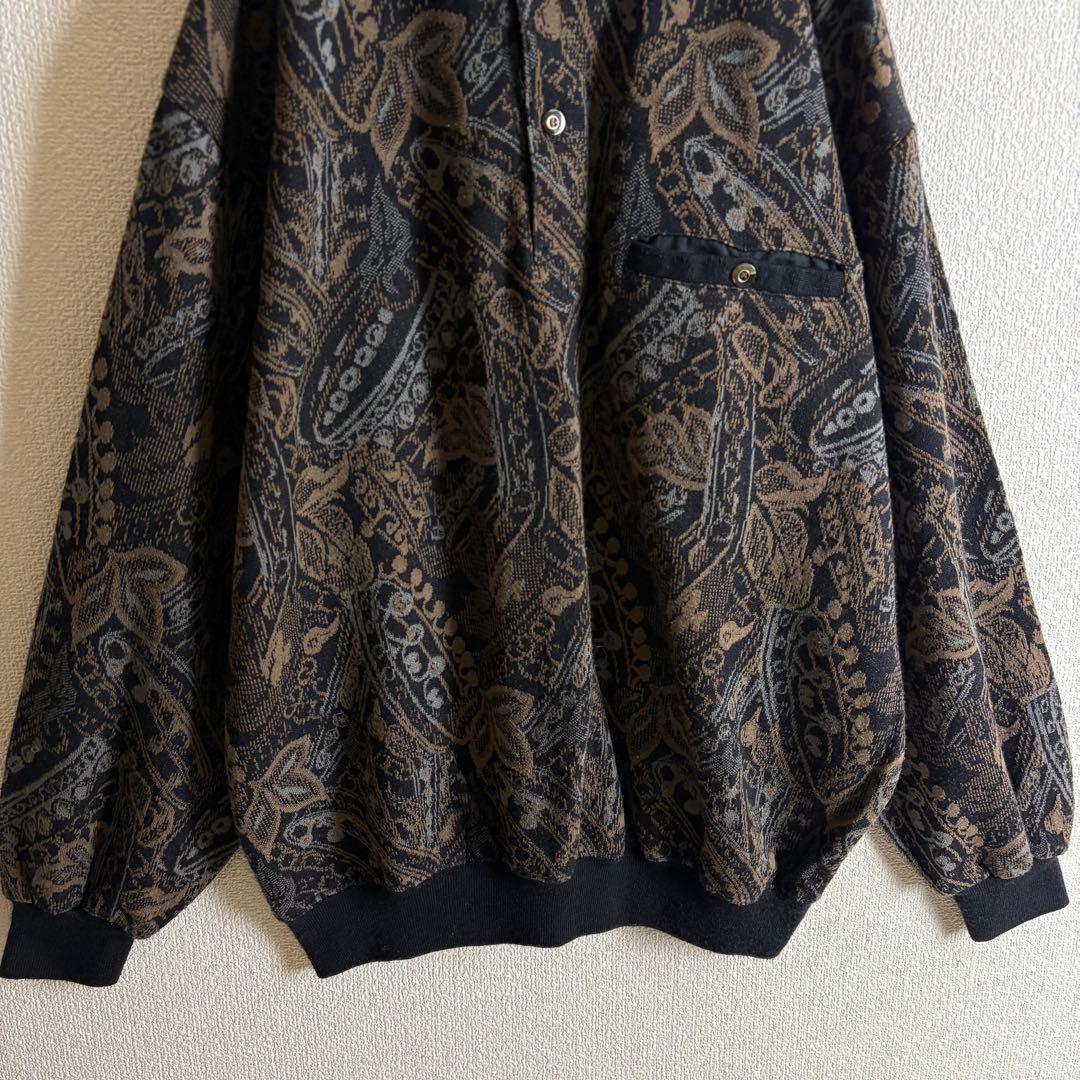 ポロニット　幾何学模様　ボタニカル　総柄　ハーフボタン　襟袖裾切替　レトロ　古着