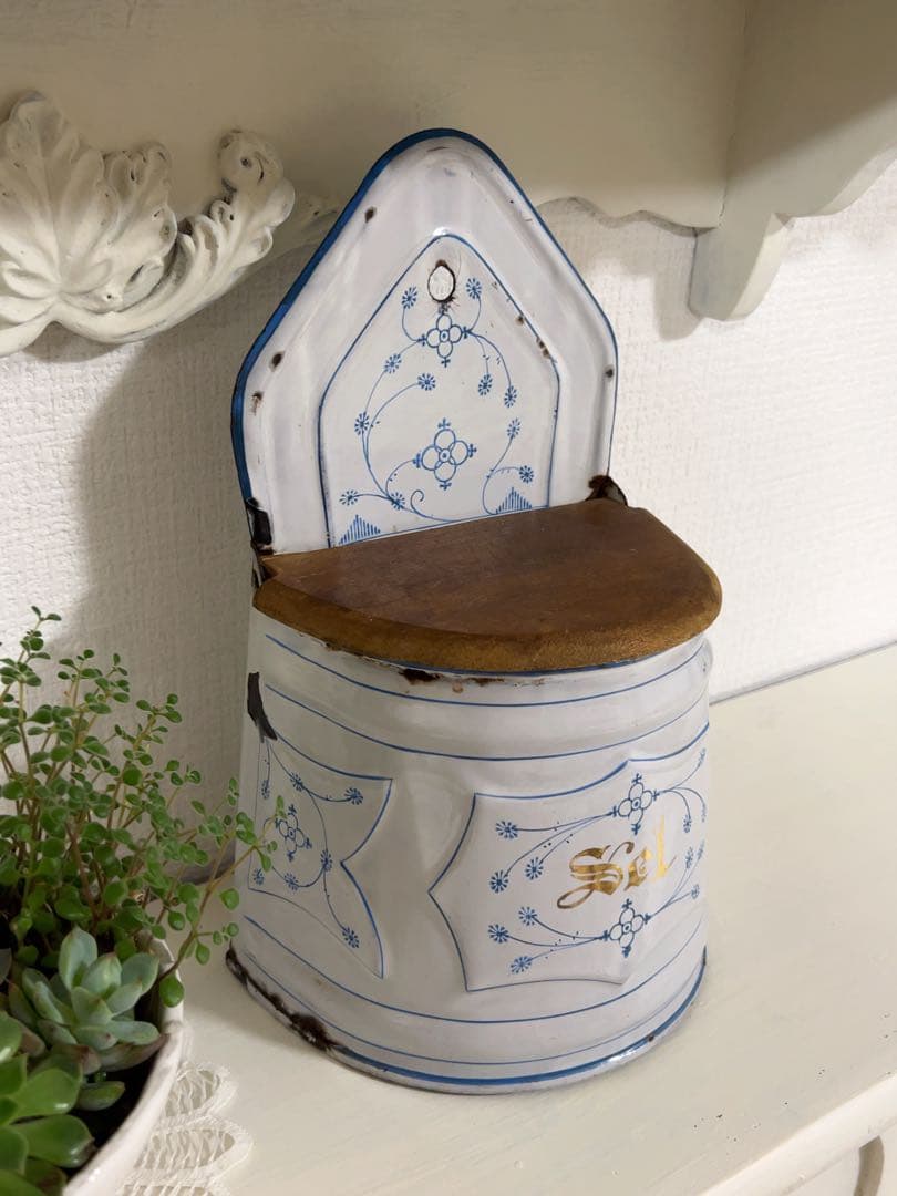 フレンチアンティーク＊サキソニー柄ホーローSel缶木製蓋＊レア