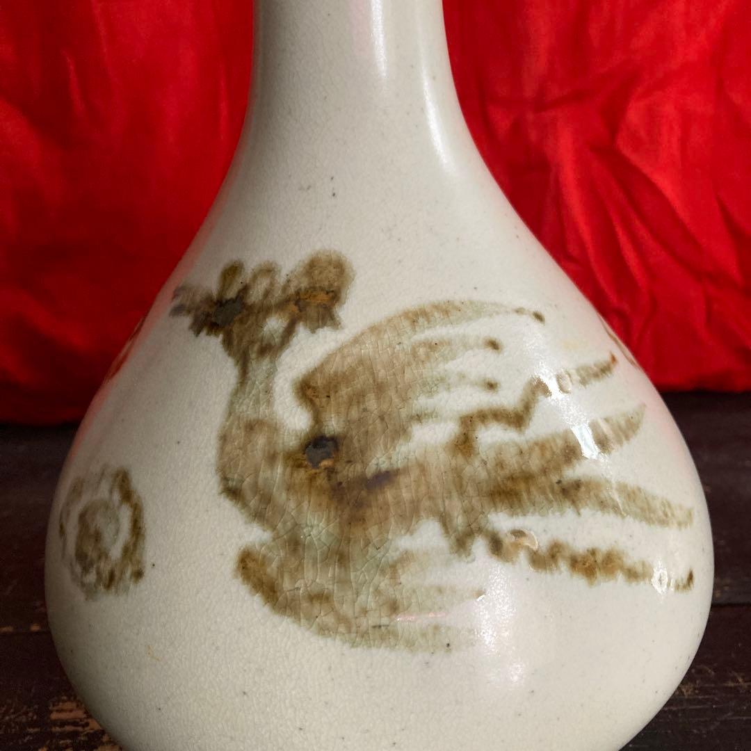 李朝　鉄砂　瓶　徳利　鳳凰文　箱付