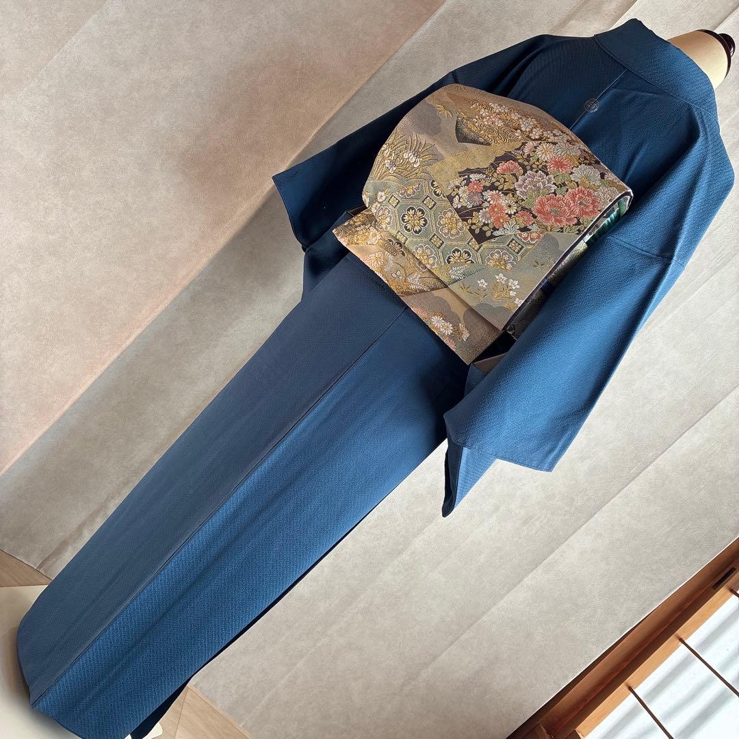 色無地　フルセット　着物　正絹　一つ紋　ブルー系　J9