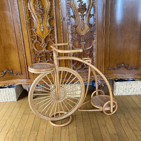ヴィンテージ*古いラタンのペニー・ファージング型フラワースタンド飾り棚 自転車