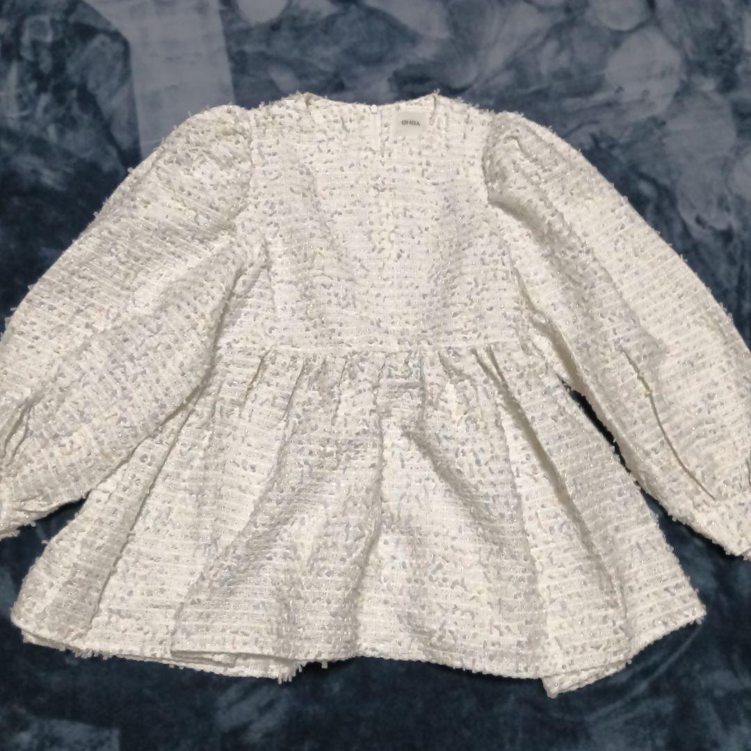 OHGA パターンブラウス　ミックスツイード　白　ツイード