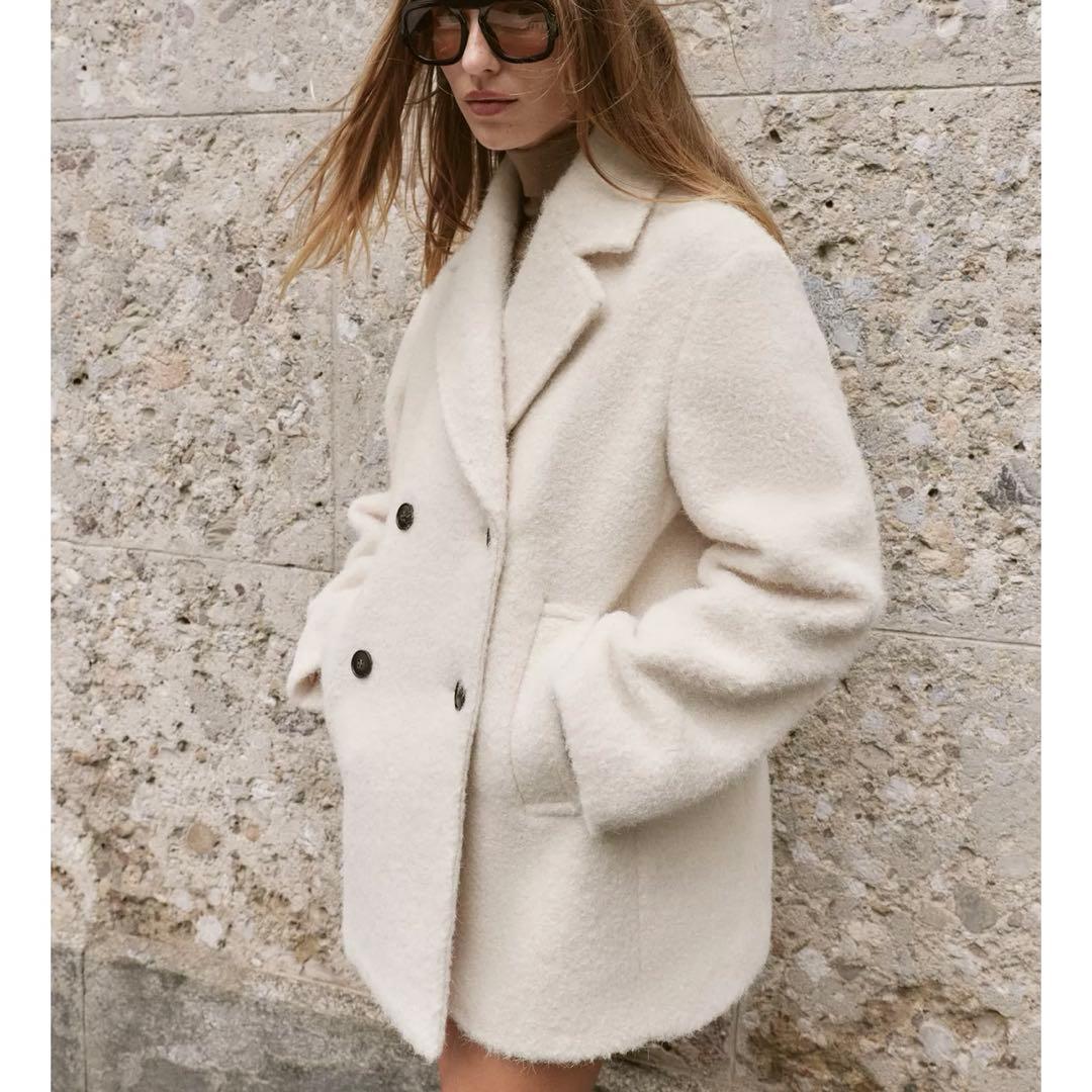 完売品 ZARA ブークレダブルブレストミディ丈コート エクリュ L