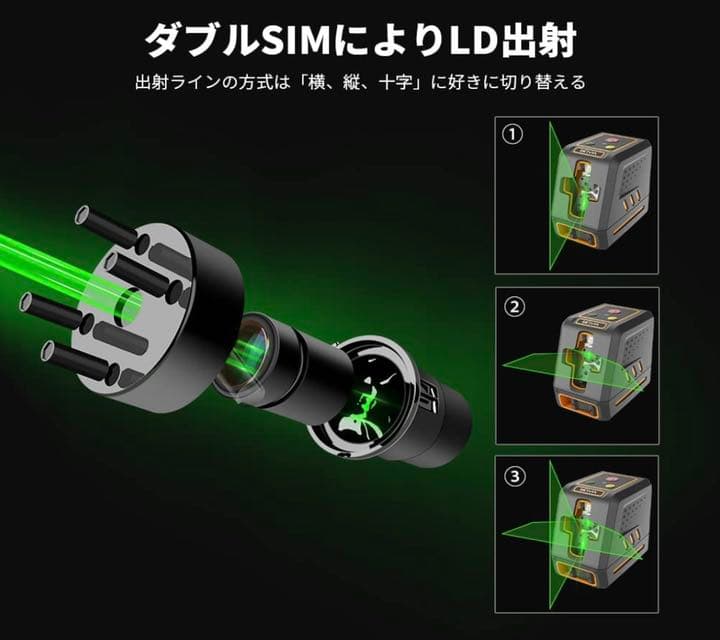 レーザー墨出し器 グリーンレーザークラス2 縦 横 クロスライン切替可能