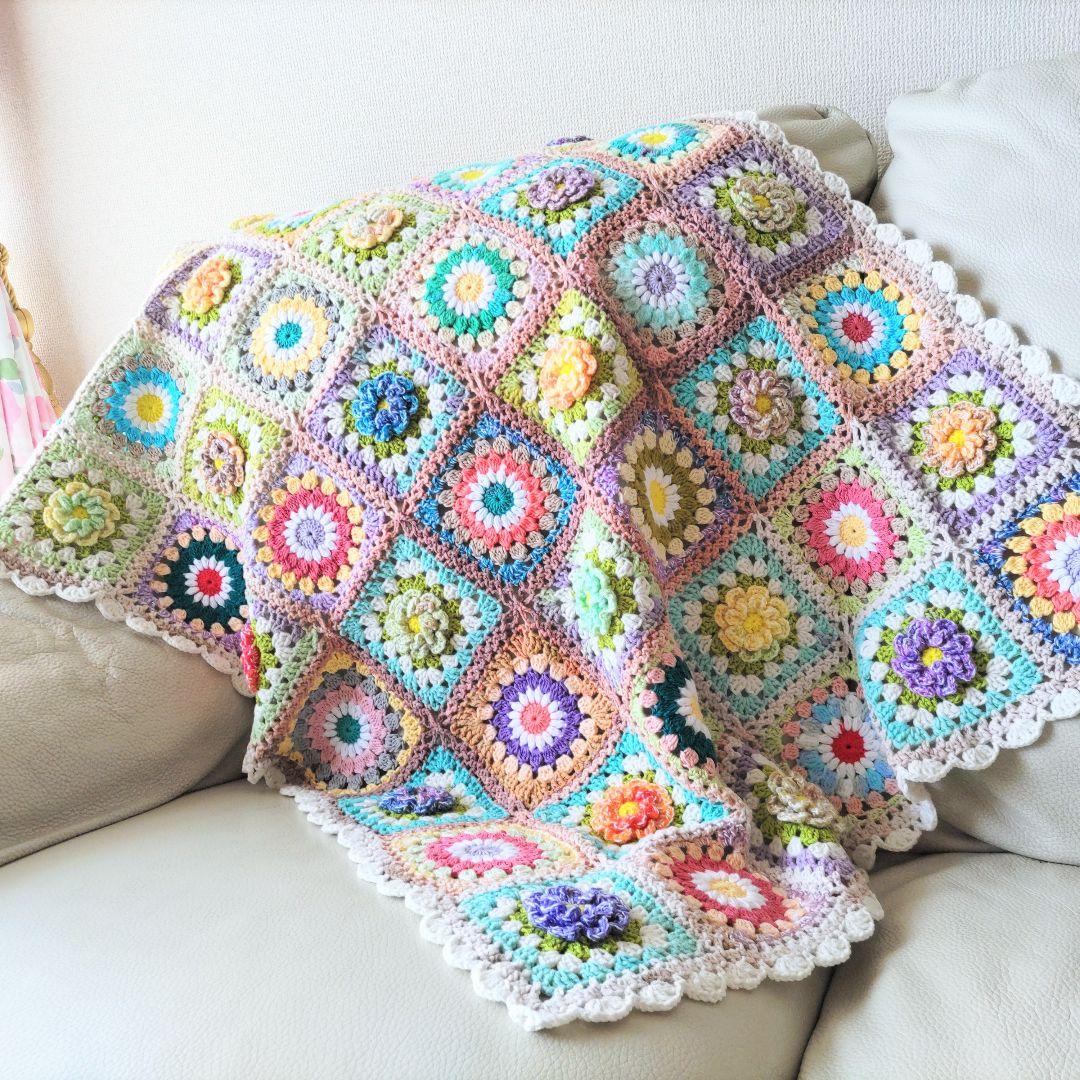 手編みブランケット★お花とおひさまグラニー★グラニースクエア★かぎ針編み