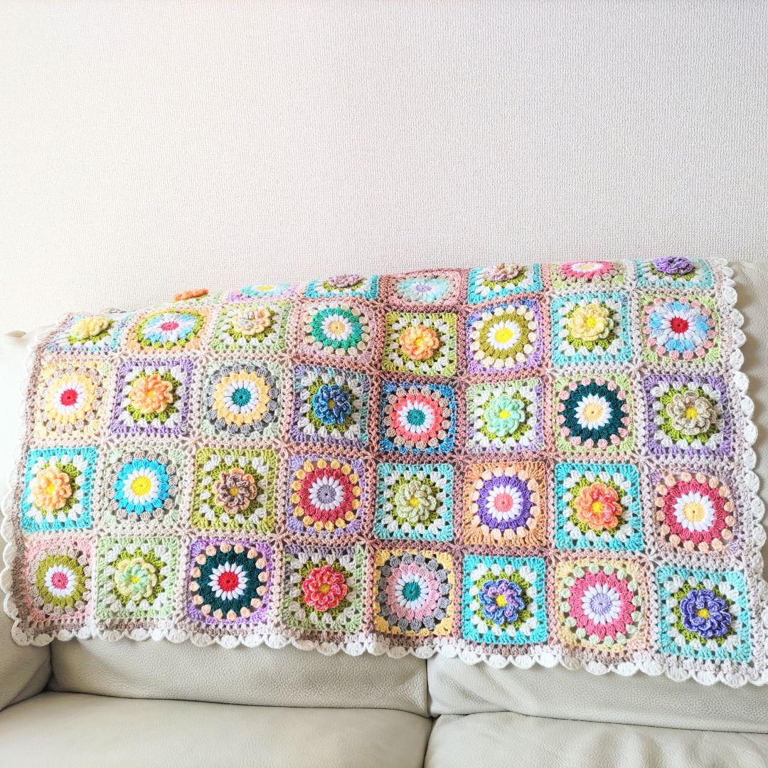手編みブランケット★お花とおひさまグラニー★グラニースクエア★かぎ針編み