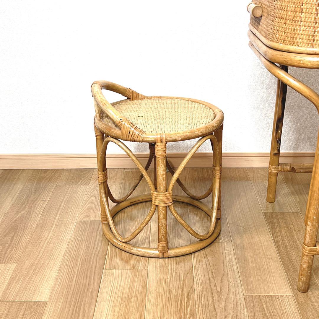 【良品】 ラタン ドレッサー 鏡台 化粧台 スツール付き 籐家具　古家具 レトロ