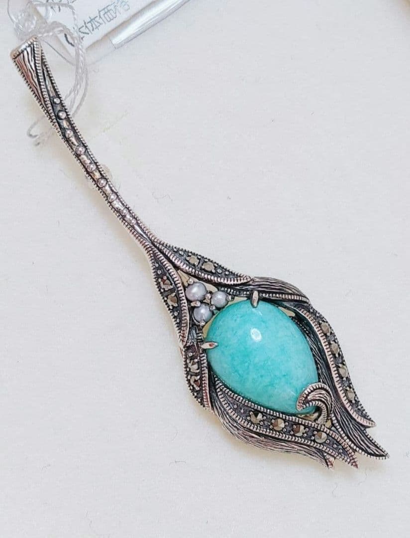 未使用品 碌山 アマゾナイト ベビー真珠 ブローチ 兼 ペンダント