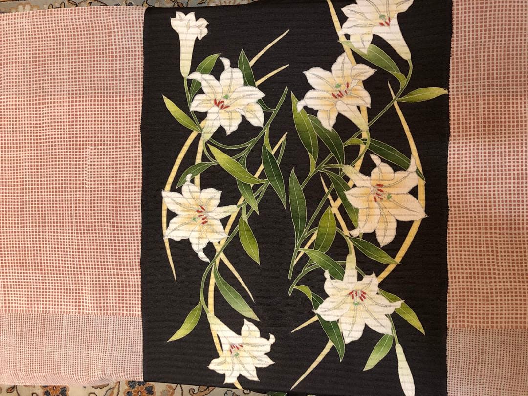 「お値下げ致しました。」単衣 夏染帯 百合 新品未仕立、生地は絽縮緬 仕立代込み