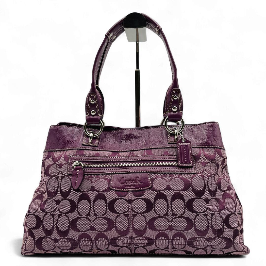 美品 COACH トートバッグ キャンバス レザー パープル シグネチャー