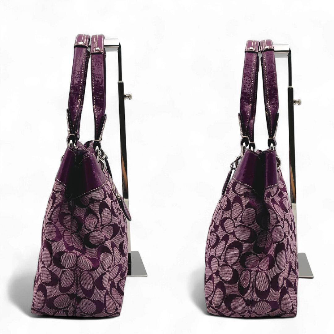 美品 COACH トートバッグ キャンバス レザー パープル シグネチャー