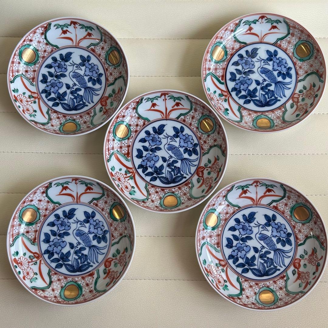 清水焼　京焼　呉須赤絵花鳥　金彩　銘々皿揃　5枚セット　取り皿　古伊万里　色絵