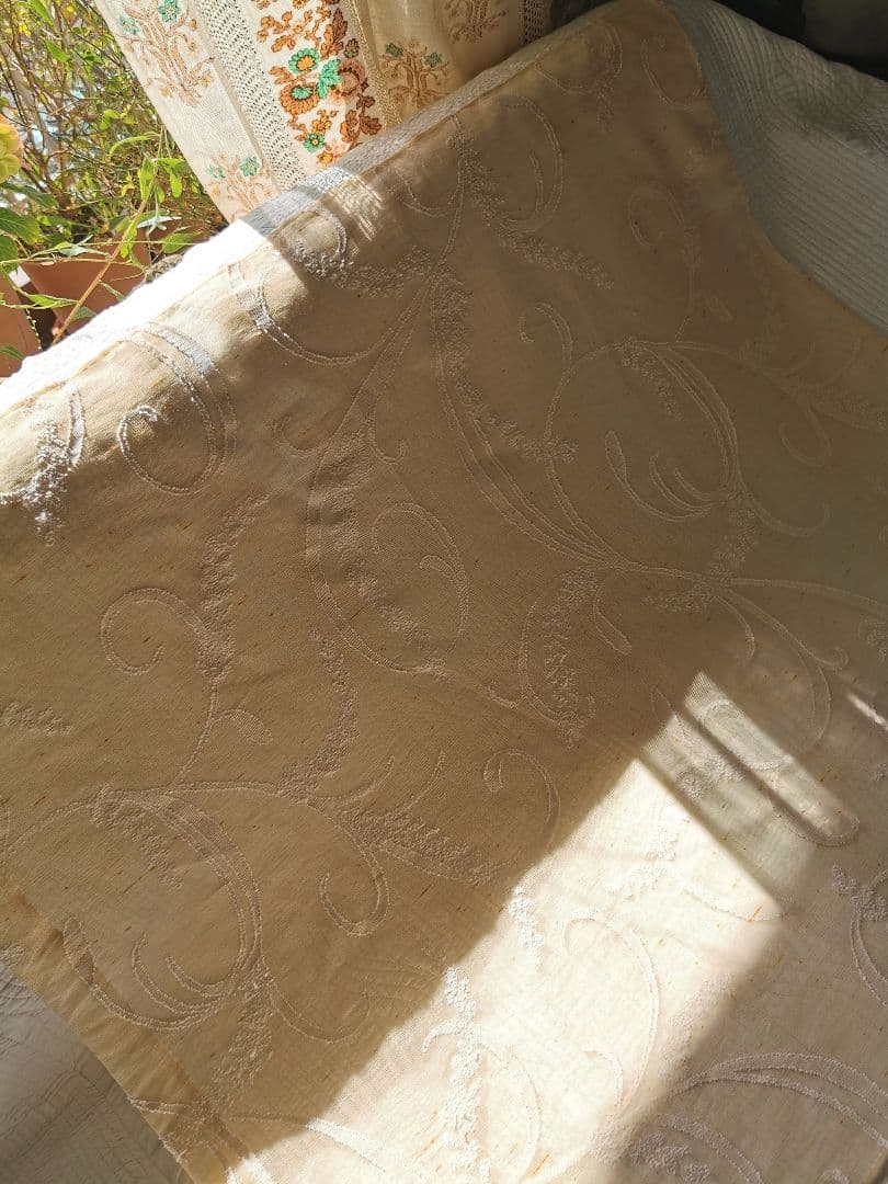 アンティークマドラスレース 麦の穂と葉 アプリコット＆アイボリー カーテンパネル