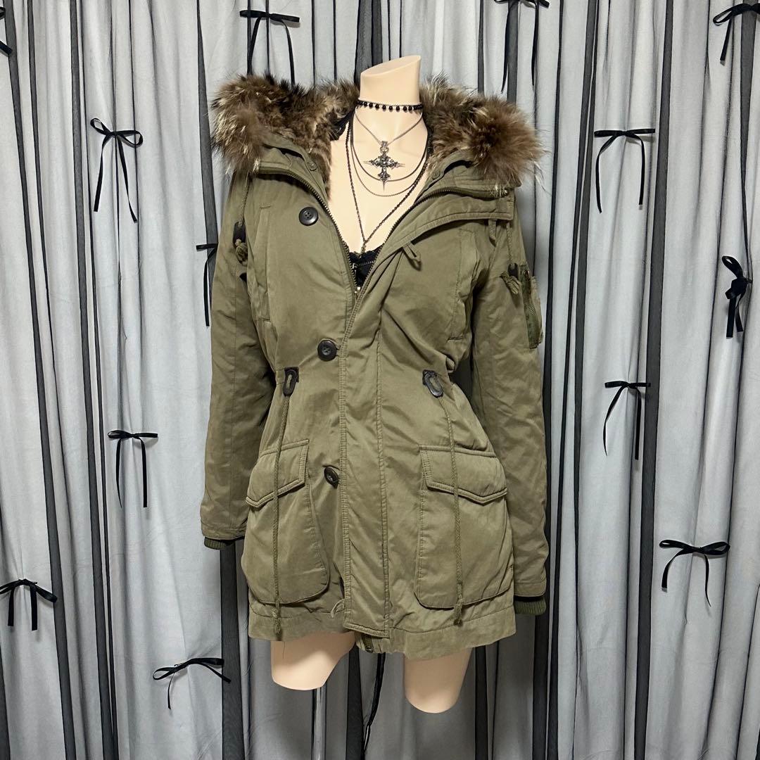 平成ギャル y2k　ヒョウ柄　リアルファー付きミニタリーモッズコート　グランジ