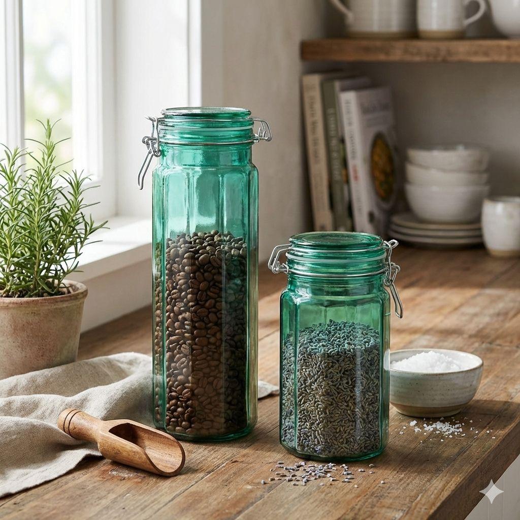 ガラス　キャニスター　ヴィンテージ　アンティーク　レトロ　グリーン