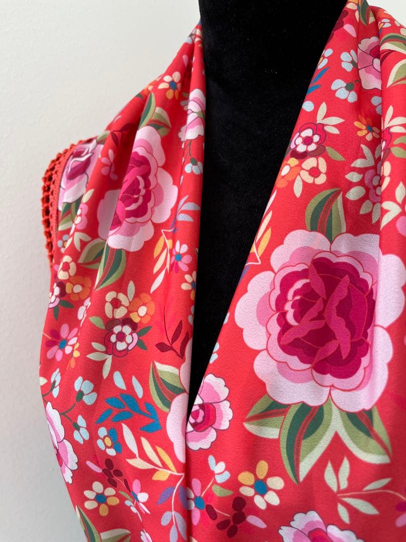 フラメンコ　マントンシージョ　コーラルxマントン風花柄　コーラルフレコ