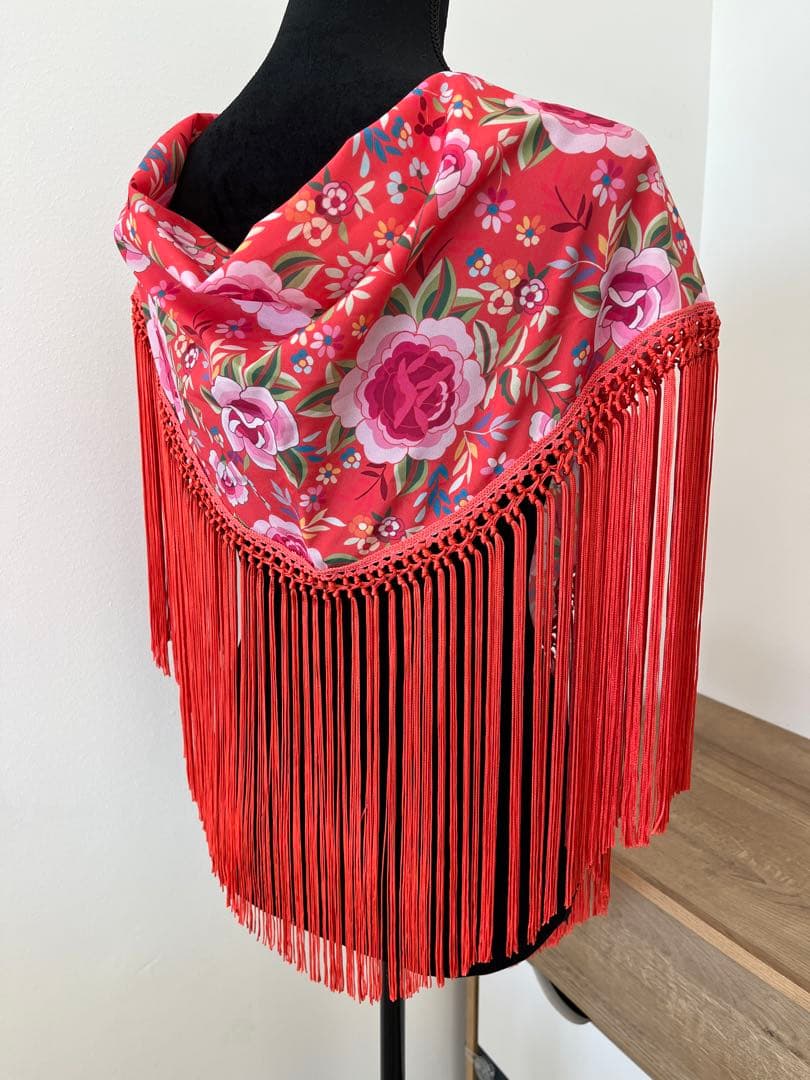 フラメンコ　マントンシージョ　コーラルxマントン風花柄　コーラルフレコ