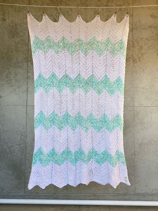 古着 ビンテージ 80s 白 緑 グラニー ブランケット キャンプ ラグ