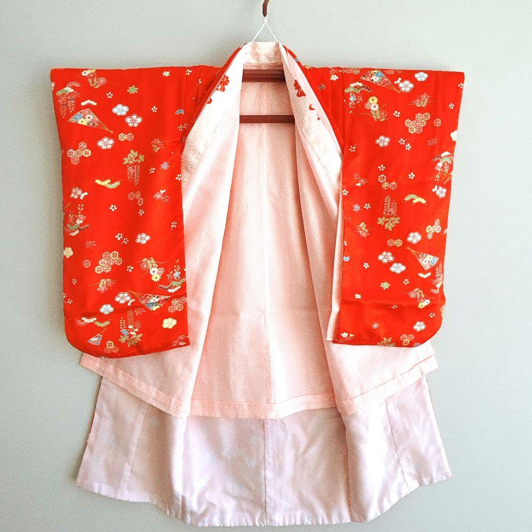 美品　フルセット 七五三3歳　赤地　草履　巾着　長着×襦袢×被布　箱入り　藤扇梅