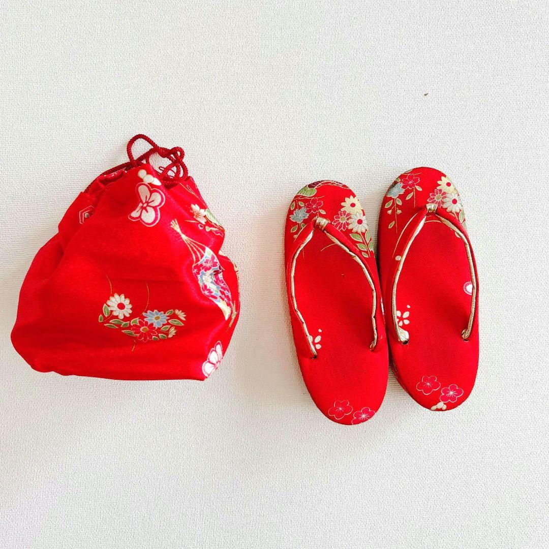 美品　フルセット 七五三3歳　赤地　草履　巾着　長着×襦袢×被布　箱入り　藤扇梅