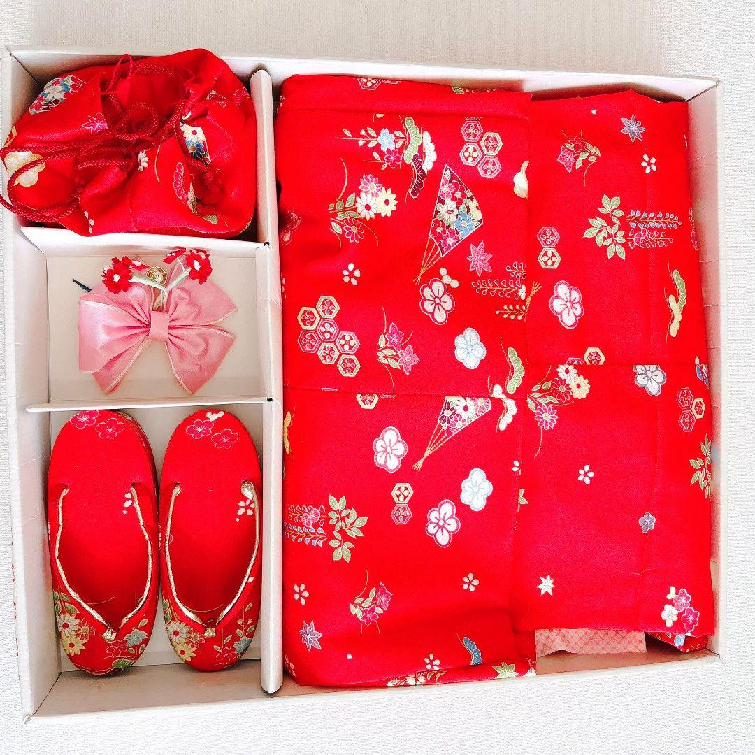 美品　フルセット 七五三3歳　赤地　草履　巾着　長着×襦袢×被布　箱入り　藤扇梅