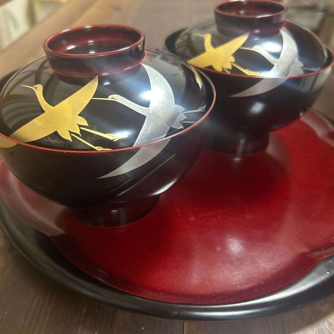 越前塗　千羽鶴雑煮椀 溜　蒔絵　本漆手塗り　ペア　箔鶴蒔絵　煮物椀　縁起物　お祝