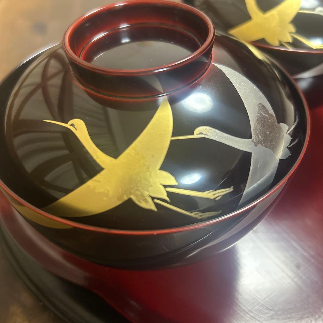 越前塗　千羽鶴雑煮椀 溜　蒔絵　本漆手塗り　ペア　箔鶴蒔絵　煮物椀　縁起物　お祝