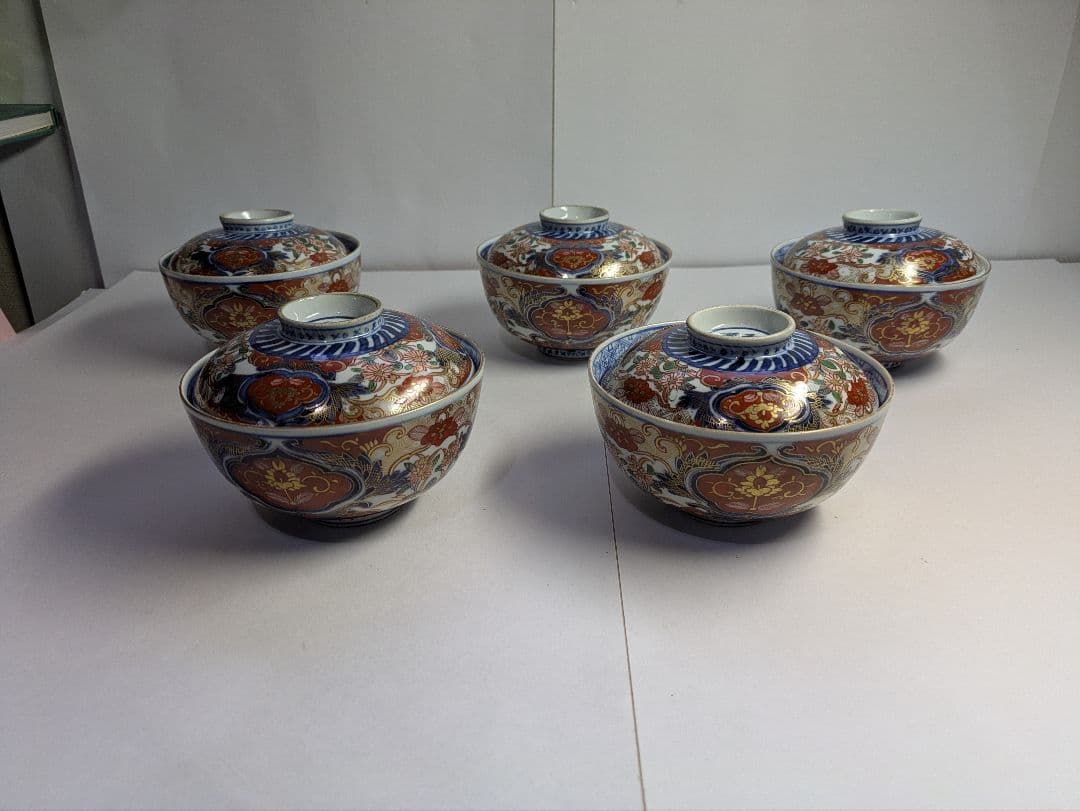 Evanさん専用、復刻版、『色絵三方唐草菊文蓋付碗』５客、銘「富貴長春」有、箱無