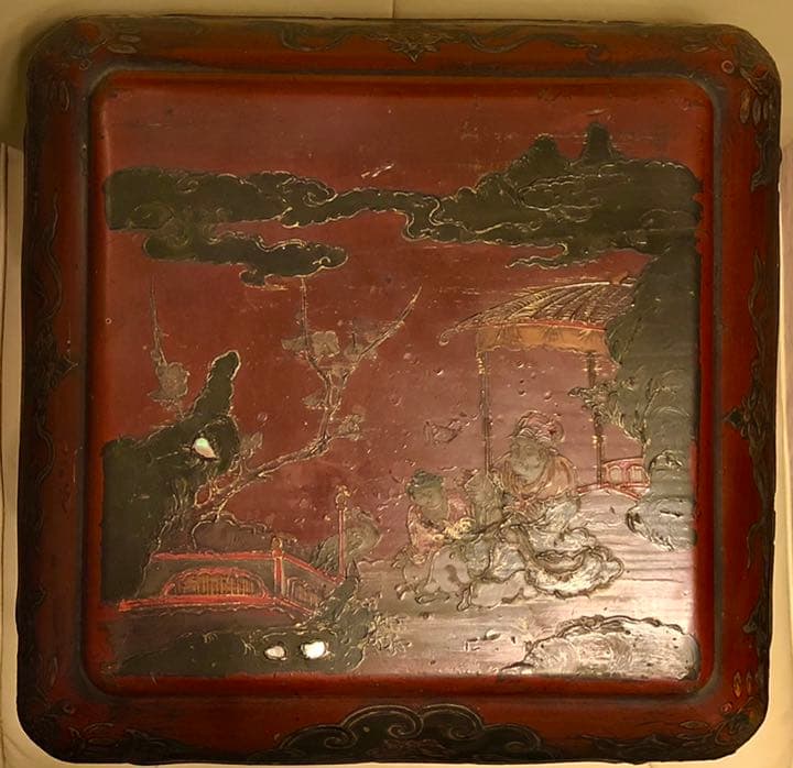 骨董　朱漆　楼閣山水人物堆錦螺鈿　中央香台