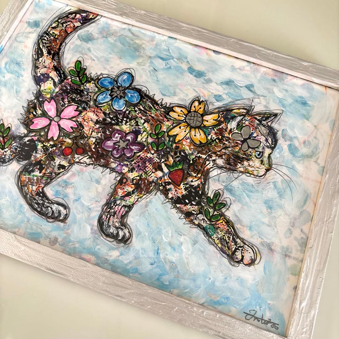 ち*こ様 手作り額付きシルクスクリーン応用絵画　title「旅するニャンコ」