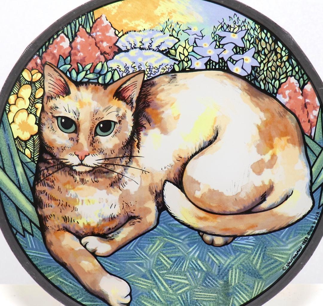 草むらで佇む猫 ヴィンテージ ステンドグラス レアモデル 丸型 ネコ アメリカ