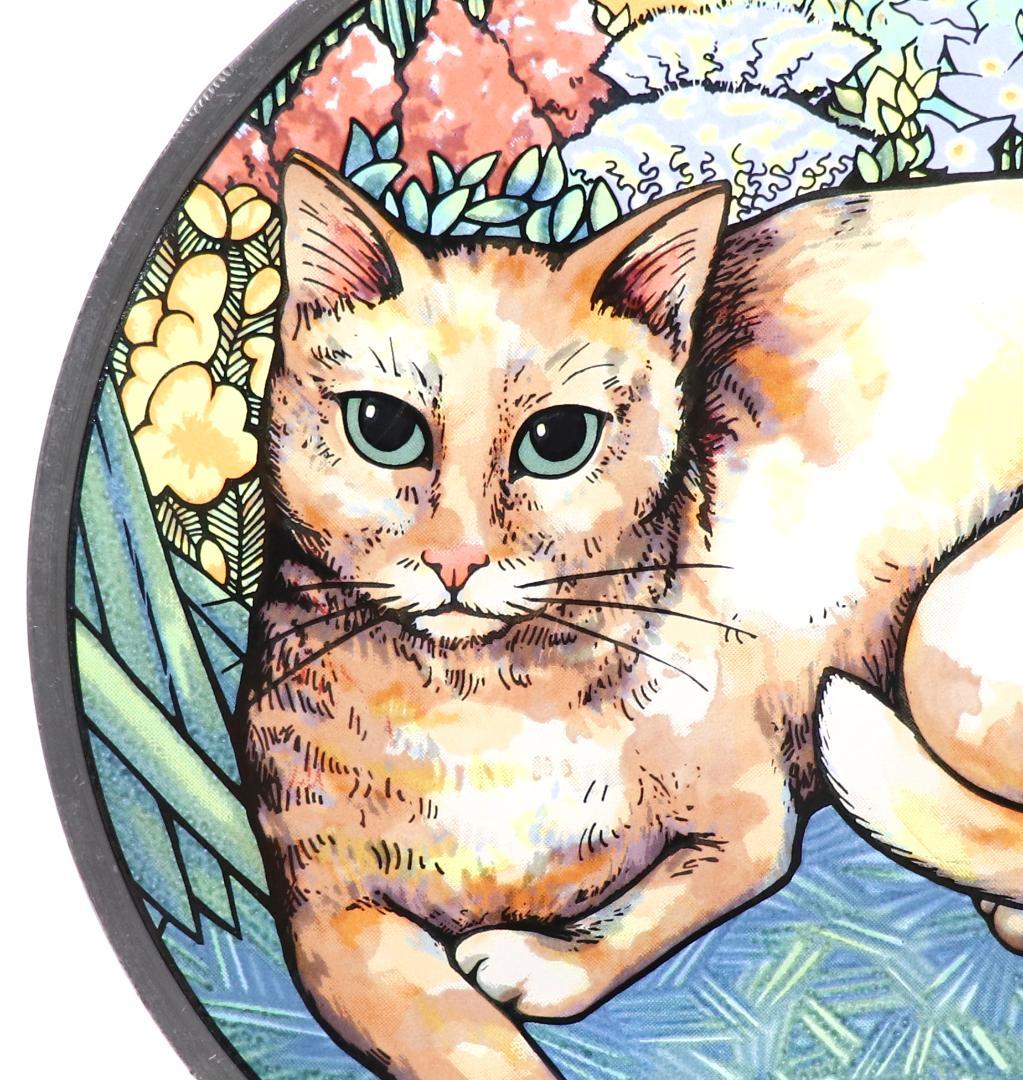 草むらで佇む猫 ヴィンテージ ステンドグラス レアモデル 丸型 ネコ アメリカ