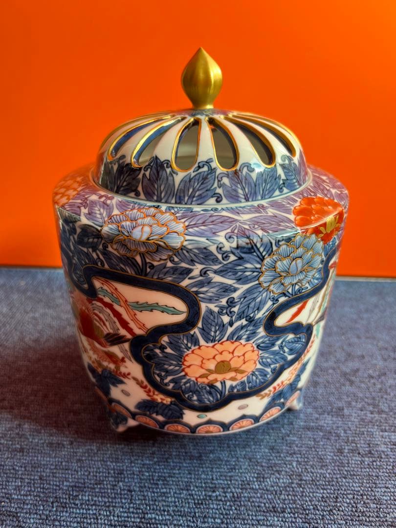 1032 藤井朱明作　染付鳳凰紋　香炉　金彩　未使用