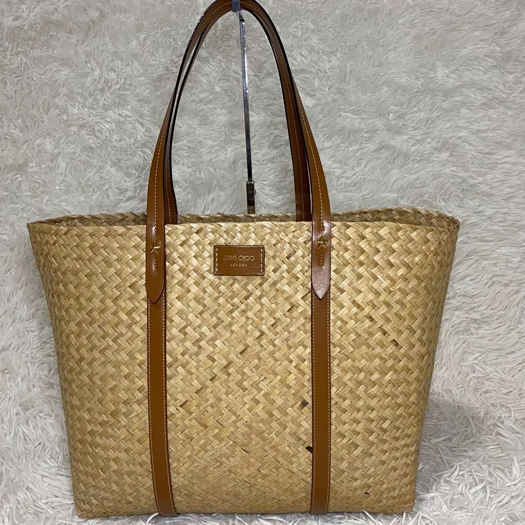 ジミーチュウロンドン　ラフィアトート　かごバッグ　スタッズ　星　大容量　レザー