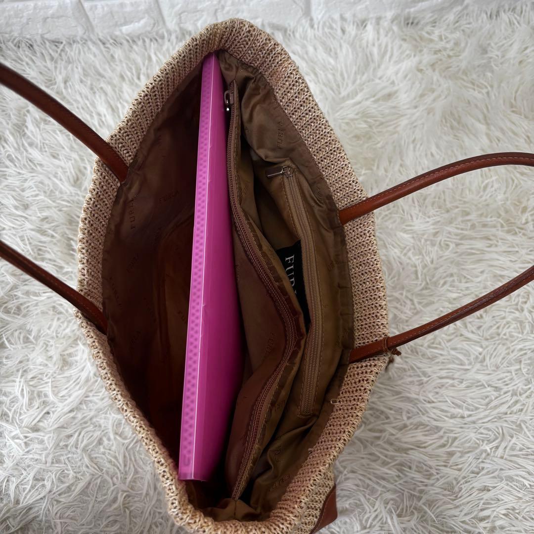 FURLA✨カゴバッグ　トートバッグ　 A4 PC 異素材　ベージュ　本革　麻