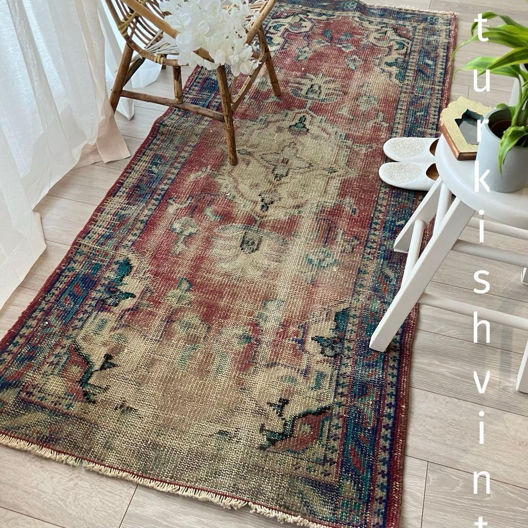 メダリオン✳︎ブルー85〜78×196✳︎レッドパープル　トルコヴィンテージラグ